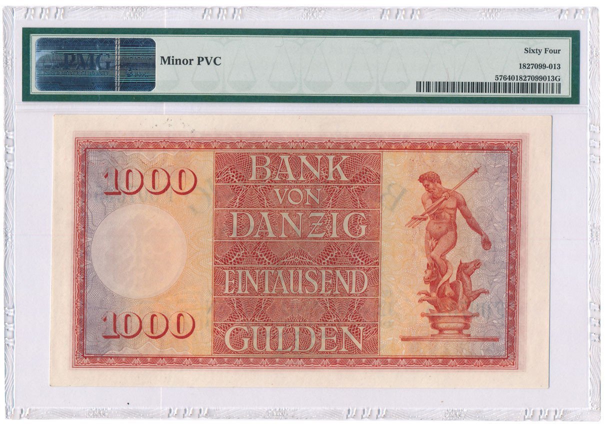 Banknot. Wolne Miasto Gdańsk 1.000 guldenów 1924 seria F PMG EPQ 64 - RZADKOŚĆ w idealnym stanie